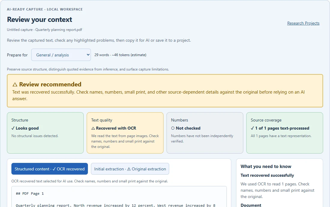 Current PDF review interface showing a recovered-with-OCR text assessment and a recommendation to review the source.