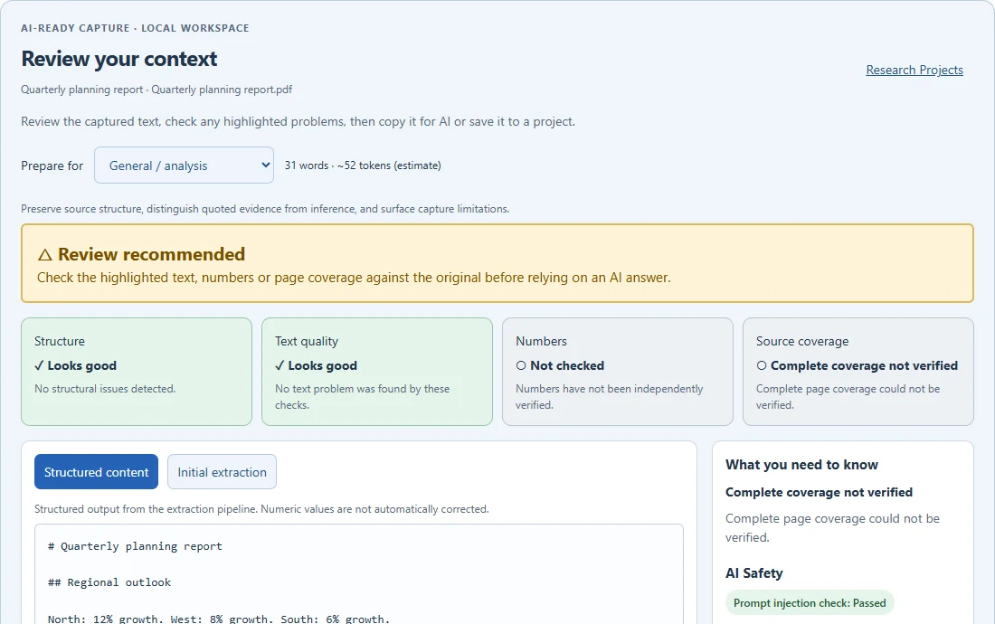 Actual review interface: Review recommended, structure and text quality look good, numbers not checked, and complete source coverage not verified.